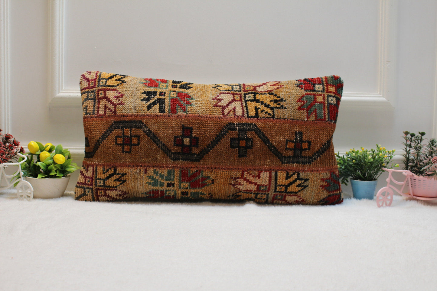 Handmade Turkish Rug Lumbar Pillow Cover: Upcycled Kilim, 12x24 inch