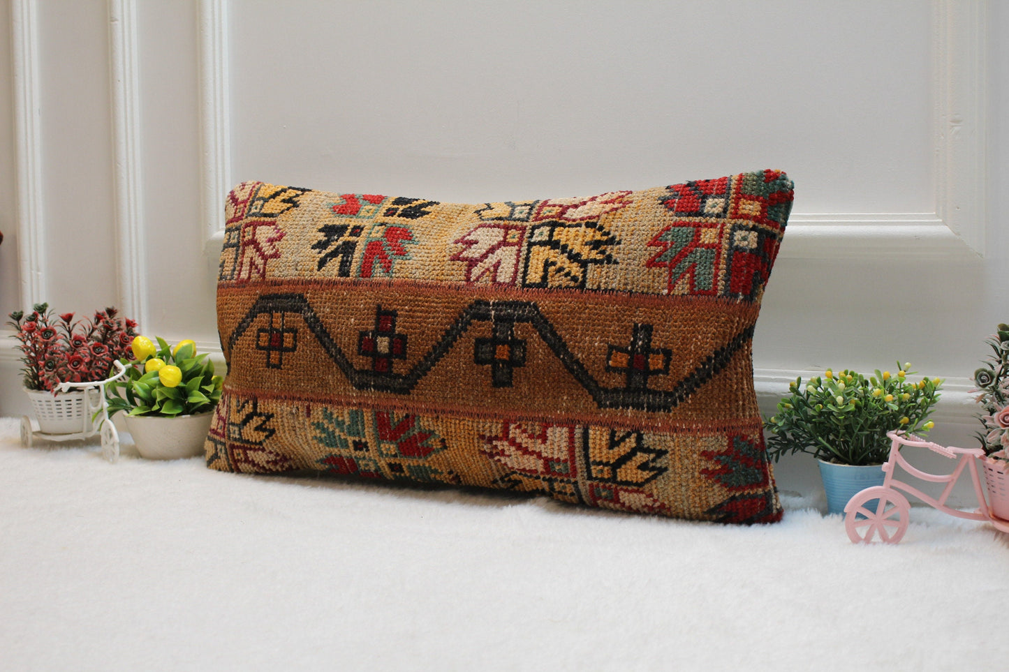 Handmade Turkish Rug Lumbar Pillow Cover: Upcycled Kilim, 12x24 inch