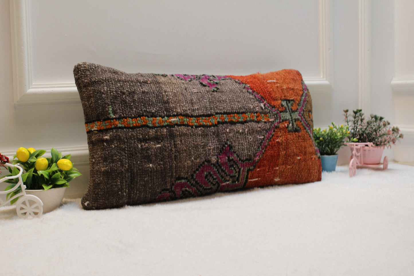 Handmade Kilim Lumbar Pillow Cover: Boho Rug Pillow, 12x24 inch