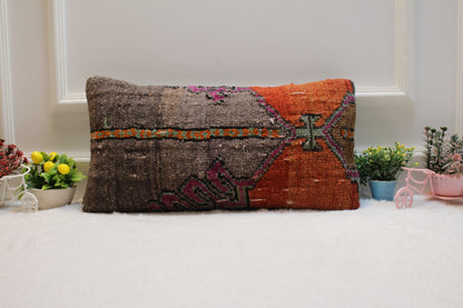 Handmade Kilim Lumbar Pillow Cover: Boho Rug Pillow, 12x24 inch