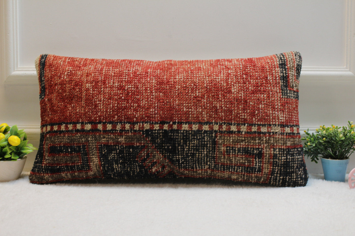 Red Kilim Pillow Cover: Organic Wool, Boho Lumbar Pillow (12x24 inc)