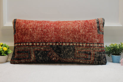 Red Kilim Pillow Cover: Organic Wool, Boho Lumbar Pillow (12x24 inc)