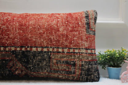 Red Kilim Pillow Cover: Organic Wool, Boho Lumbar Pillow (12x24 inc)