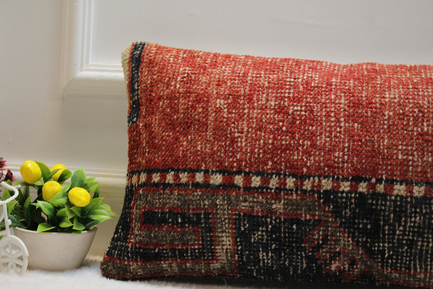 Red Kilim Pillow Cover: Organic Wool, Boho Lumbar Pillow (12x24 inc)