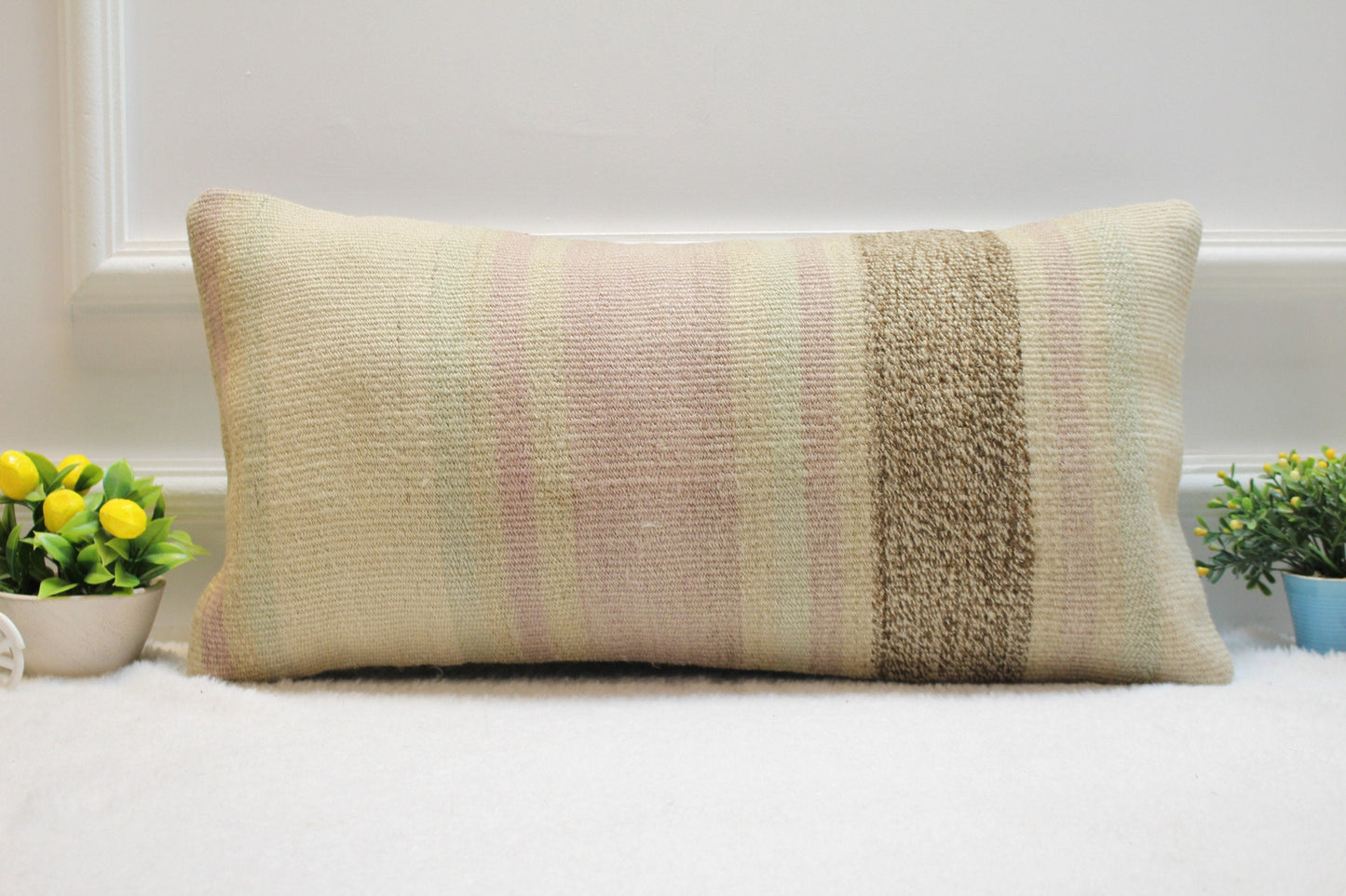 Handmade Kilim Lumbar Pillow Cover: Organic Wool Throw Pillow (12x24 inc)