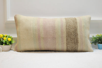 Handmade Kilim Lumbar Pillow Cover: Organic Wool Throw Pillow (12x24 inc)