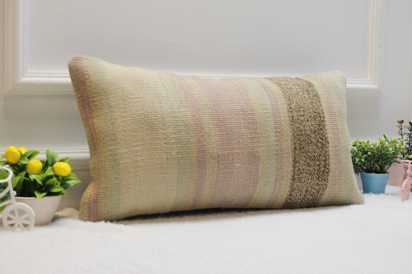 Handmade Kilim Lumbar Pillow Cover: Organic Wool Throw Pillow (12x24 inc)