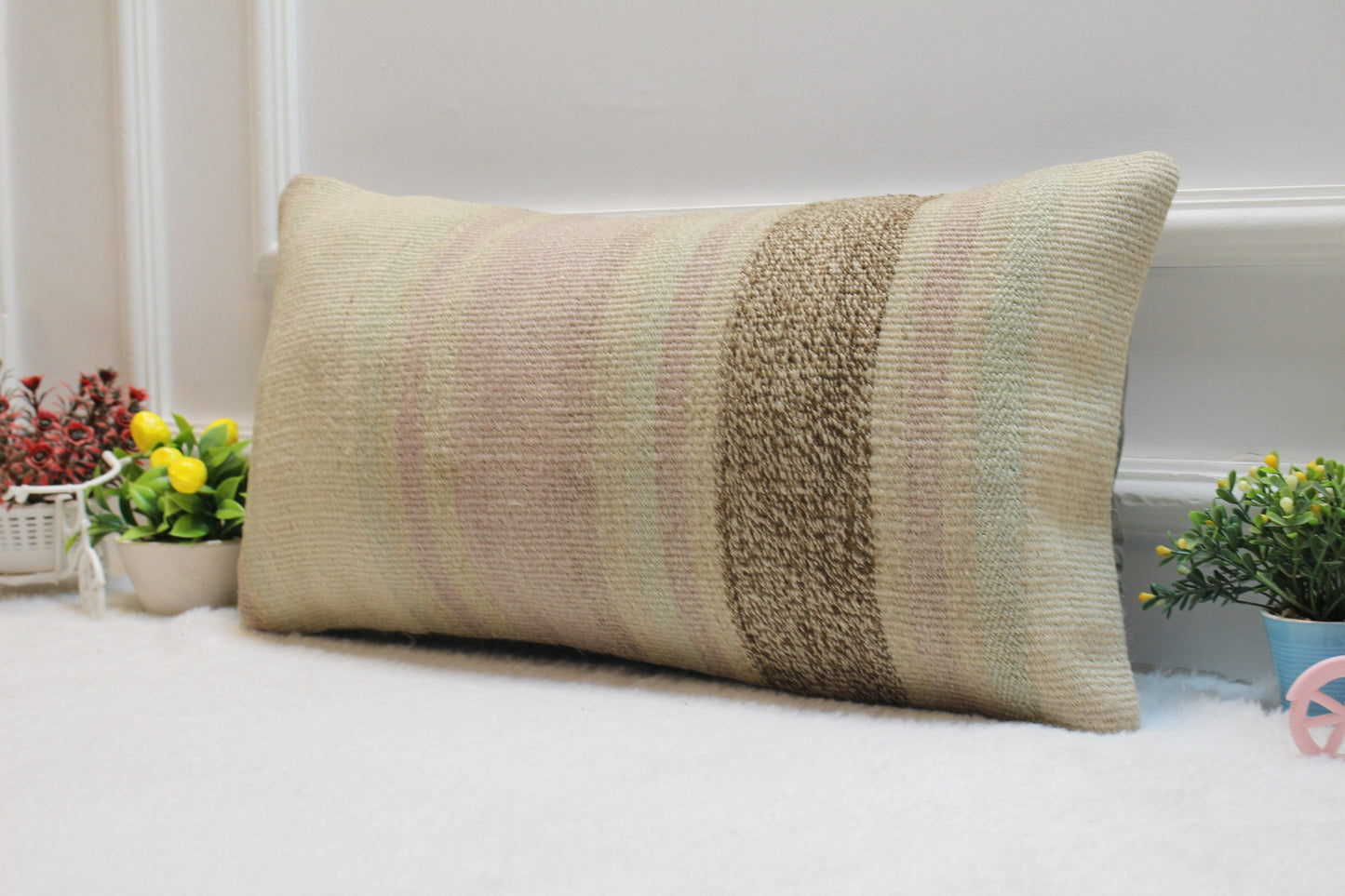 Handmade Kilim Lumbar Pillow Cover: Organic Wool Throw Pillow (12x24 inc)