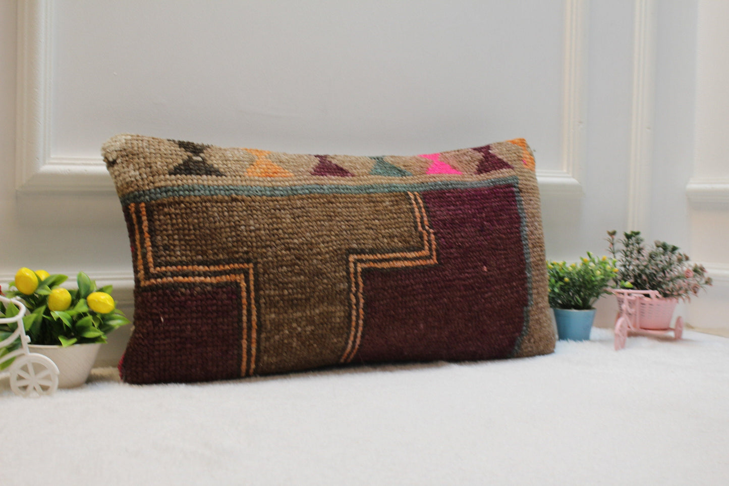 Handmade Kilim Lumbar Pillow Cover: Purple & Brown Rug Pillow (12x24 in)