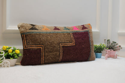 Handmade Kilim Lumbar Pillow Cover: Purple & Brown Rug Pillow (12x24 in)