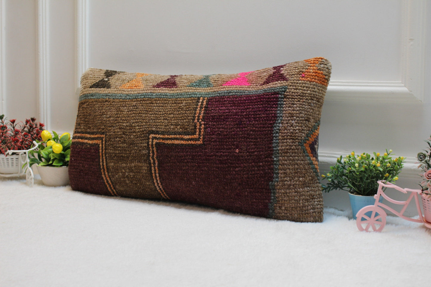 Handmade Kilim Lumbar Pillow Cover: Purple & Brown Rug Pillow (12x24 in)
