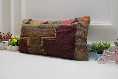 Handmade Kilim Lumbar Pillow Cover: Purple & Brown Rug Pillow (12x24 in)
