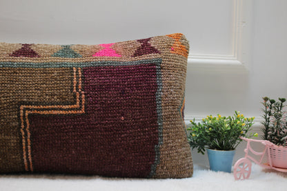 Handmade Kilim Lumbar Pillow Cover: Purple & Brown Rug Pillow (12x24 in)