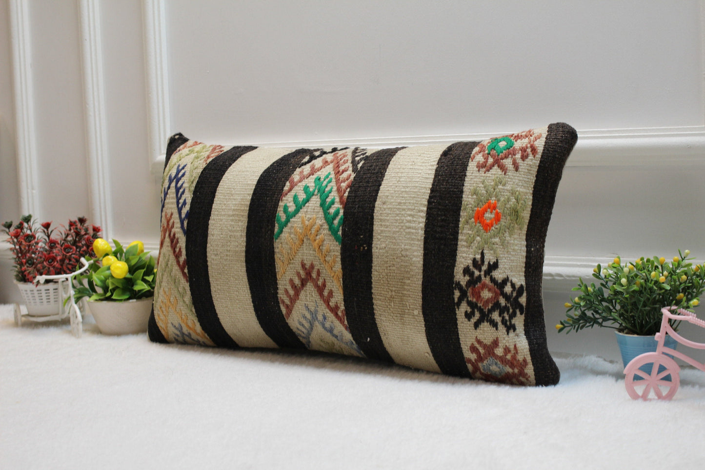 Vintage Kilim Lumbar Pillow Cover: 12x24 inch, Upcycled Woven Rug