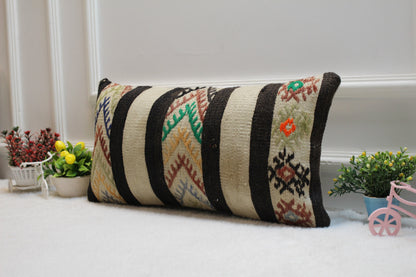 Vintage Kilim Lumbar Pillow Cover: 12x24 inch, Upcycled Woven Rug