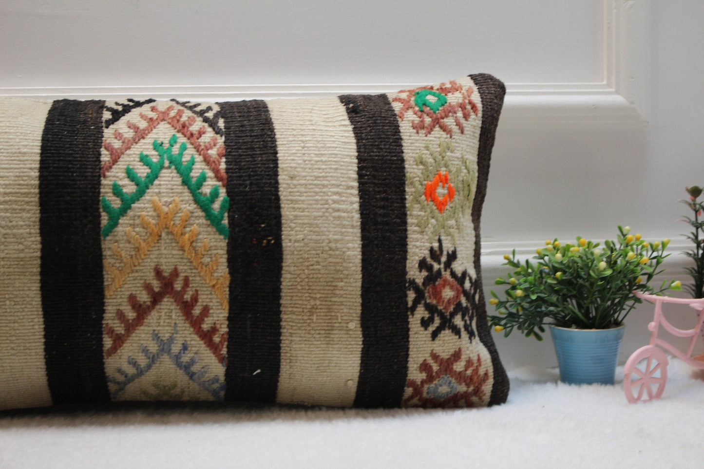 Vintage Kilim Lumbar Pillow Cover: 12x24 inch, Upcycled Woven Rug