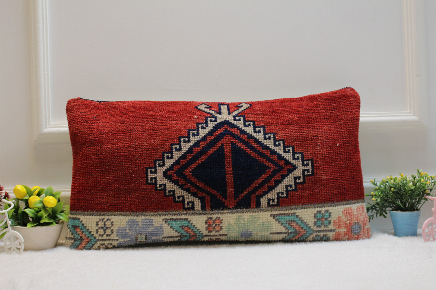 Handmade Kilim Lumbar Pillow Cover: Red Woven Rug, 12x24 inch
