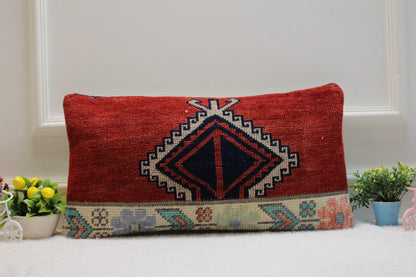 Handmade Kilim Lumbar Pillow Cover: Red Woven Rug, 12x24 inch