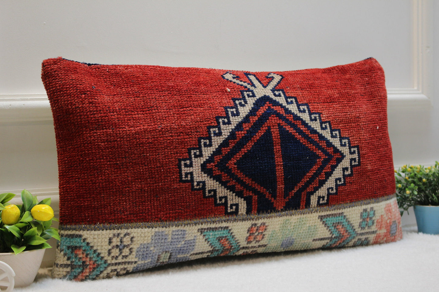 Handmade Kilim Lumbar Pillow Cover: Red Woven Rug, 12x24 inch