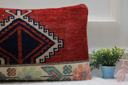 Handmade Kilim Lumbar Pillow Cover: Red Woven Rug, 12x24 inch