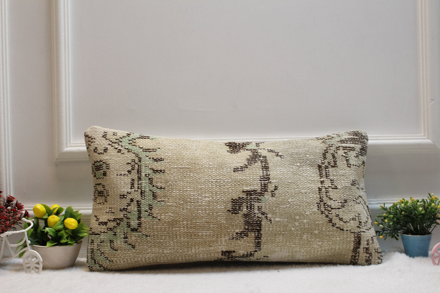 Handmade Turkish Kilim Lumbar Pillow Cover: Upcycled Rug, 12x24 inch