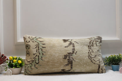 Handmade Turkish Kilim Lumbar Pillow Cover: Upcycled Rug, 12x24 inch