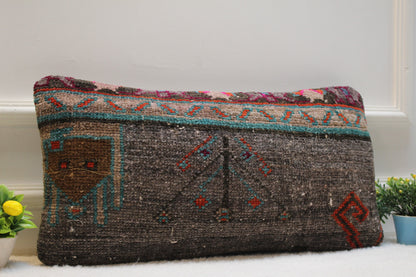 Handmade Gray Wool Lumbar Pillow Cover: Vintage Turkish Rug, 12x24 inc