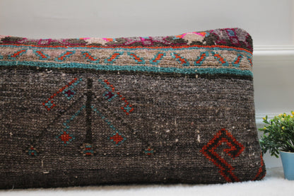 Handmade Gray Wool Lumbar Pillow Cover: Vintage Turkish Rug, 12x24 inc