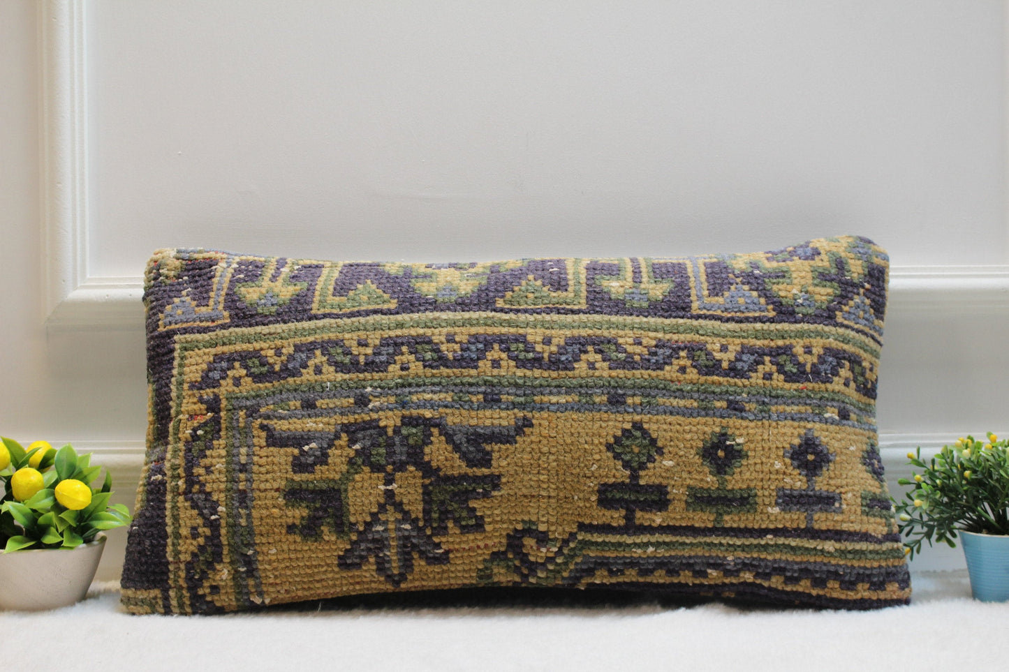 Handmade Turkish Rug Lumbar Pillow Cover: Vintage Wool (12x24 inc)