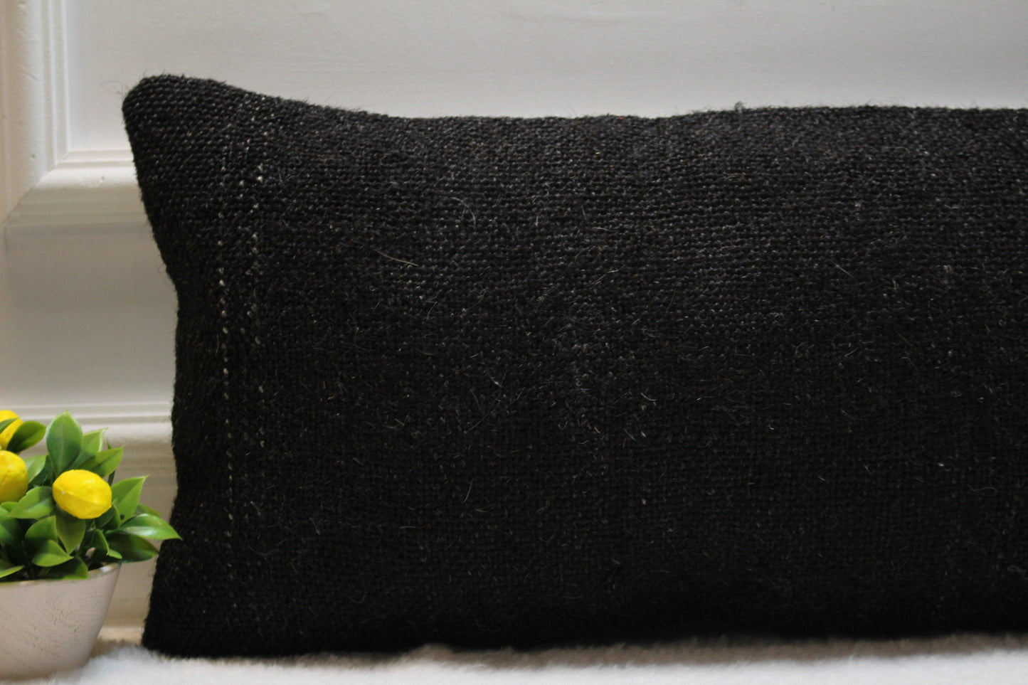 Handmade Black Kilim Lumbar Pillow Cover: Organic Wool, 12x24 inch