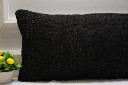 Handmade Black Kilim Lumbar Pillow Cover: Organic Wool, 12x24 inch