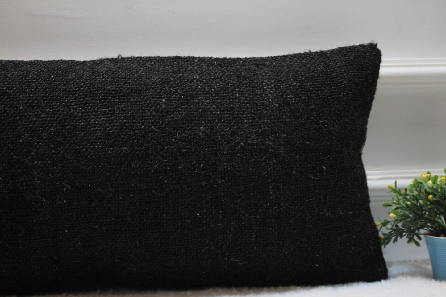 Handmade Black Kilim Lumbar Pillow Cover: Organic Wool, 12x24 inch