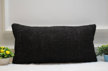 Handmade Black Kilim Lumbar Pillow Cover: Organic Wool, 12x24 inch