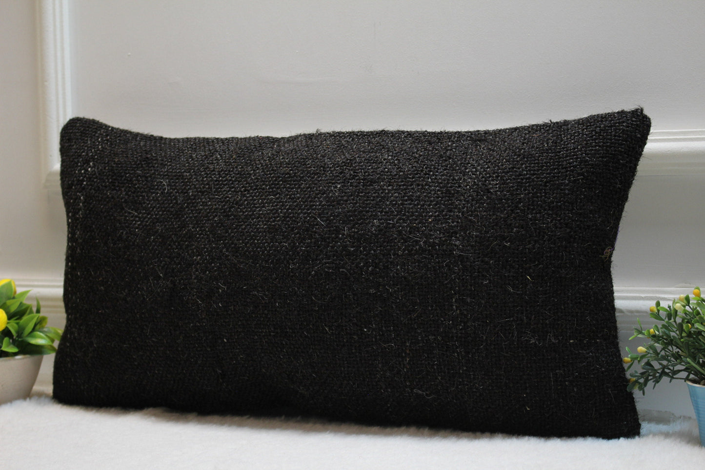 Handmade Black Kilim Lumbar Pillow Cover: Organic Wool, 12x24 inch