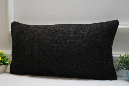 Handmade Black Kilim Lumbar Pillow Cover: Organic Wool, 12x24 inch