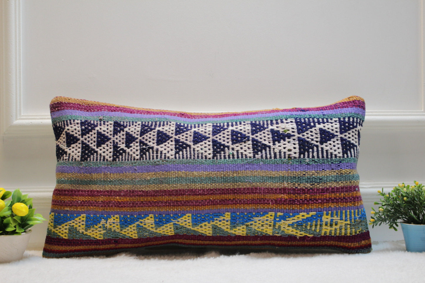 Geometric Kilim Lumbar Pillow Cover: Colorful Woven Wool, 12x24 inch