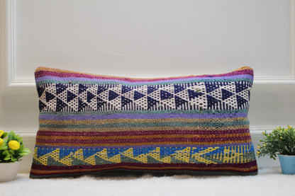 Geometric Kilim Lumbar Pillow Cover: Colorful Woven Wool, 12x24 inch