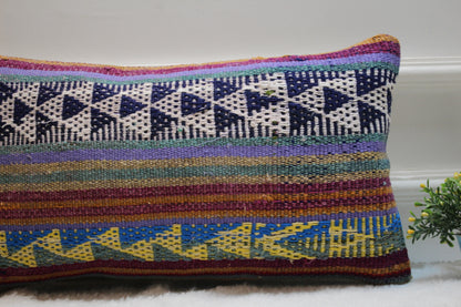 Geometric Kilim Lumbar Pillow Cover: Colorful Woven Wool, 12x24 inch