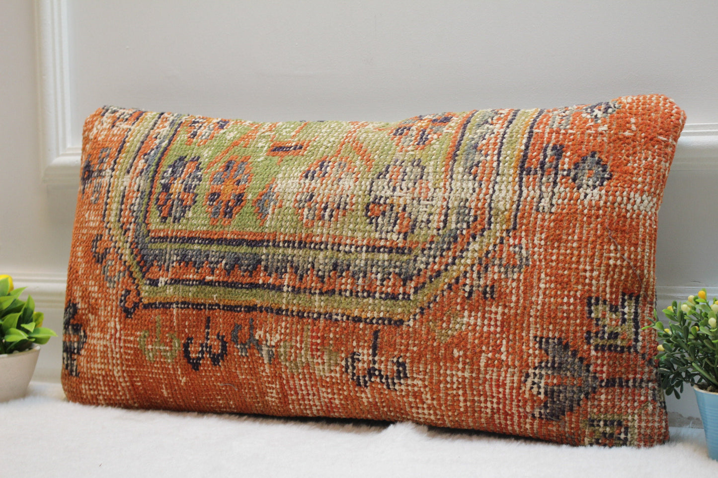 Orange Turkish Rug Pillow Cover: Handmade Wool Lumbar Pillow (12x24 in)