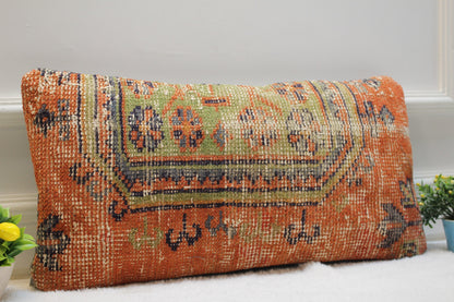 Orange Turkish Rug Pillow Cover: Handmade Wool Lumbar Pillow (12x24 in)