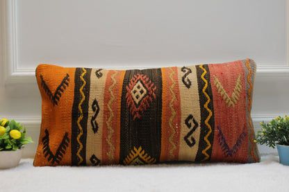 Handmade Kilim Pillow Cover: Ethnic Woven Wool Lumbar Pillow, 12x24 inch