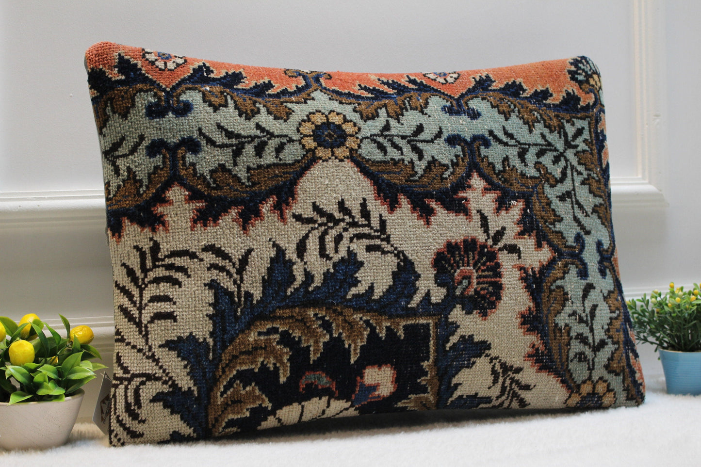 Handmade Floral Kilim Lumbar Pillow Cover: Upcycled Turkish Rug, 16x24 inch