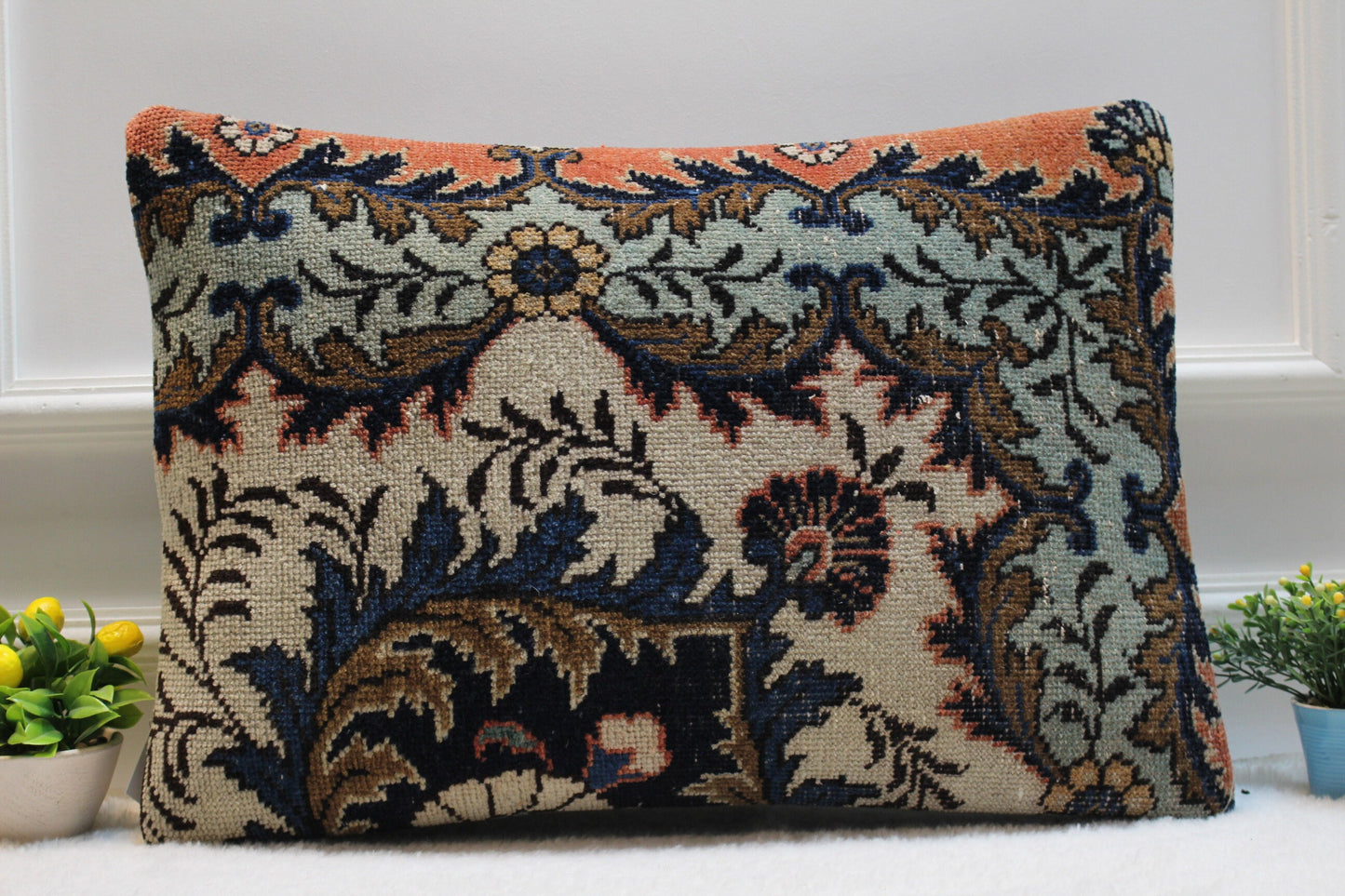 Handmade Floral Kilim Lumbar Pillow Cover: Upcycled Turkish Rug, 16x24 inch