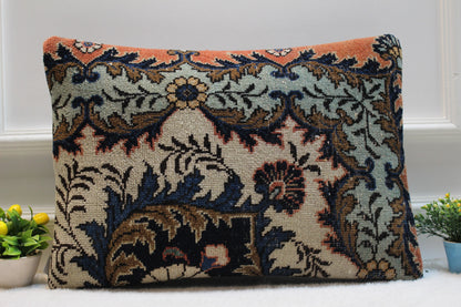 Handmade Floral Kilim Lumbar Pillow Cover: Upcycled Turkish Rug, 16x24 inch