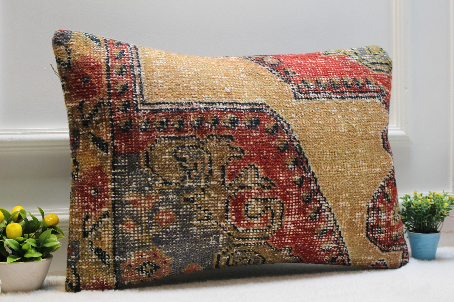 Handmade Turkish Rug Lumbar Pillow: Organic Wool Kilim Pillow Cover (16x24 inc)