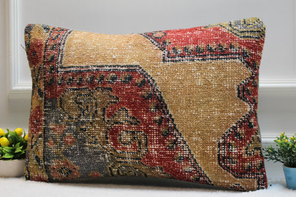 Handmade Turkish Rug Lumbar Pillow: Organic Wool Kilim Pillow Cover (16x24 inc)