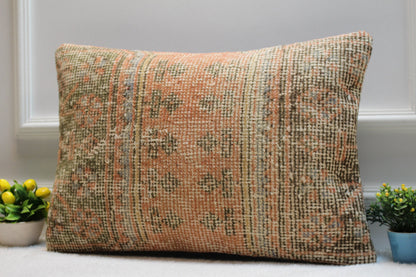 Handmade Kilim Lumbar Pillow Cover: Upcycled Turkish Rug, Orange Beige (16x24 in)