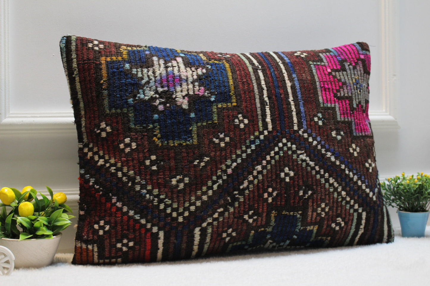 Handmade Turkish Kilim Pillow Cover: Upcycled Wool Lumbar Pillow (16x24 in)