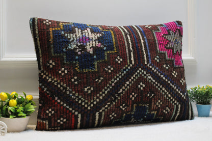 Handmade Turkish Kilim Pillow Cover: Upcycled Wool Lumbar Pillow (16x24 in)