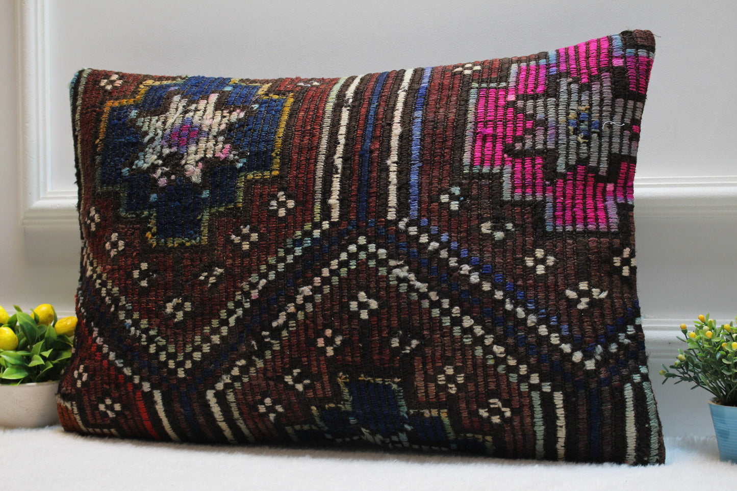 Handmade Turkish Kilim Pillow Cover: Upcycled Wool Lumbar Pillow (16x24 in)